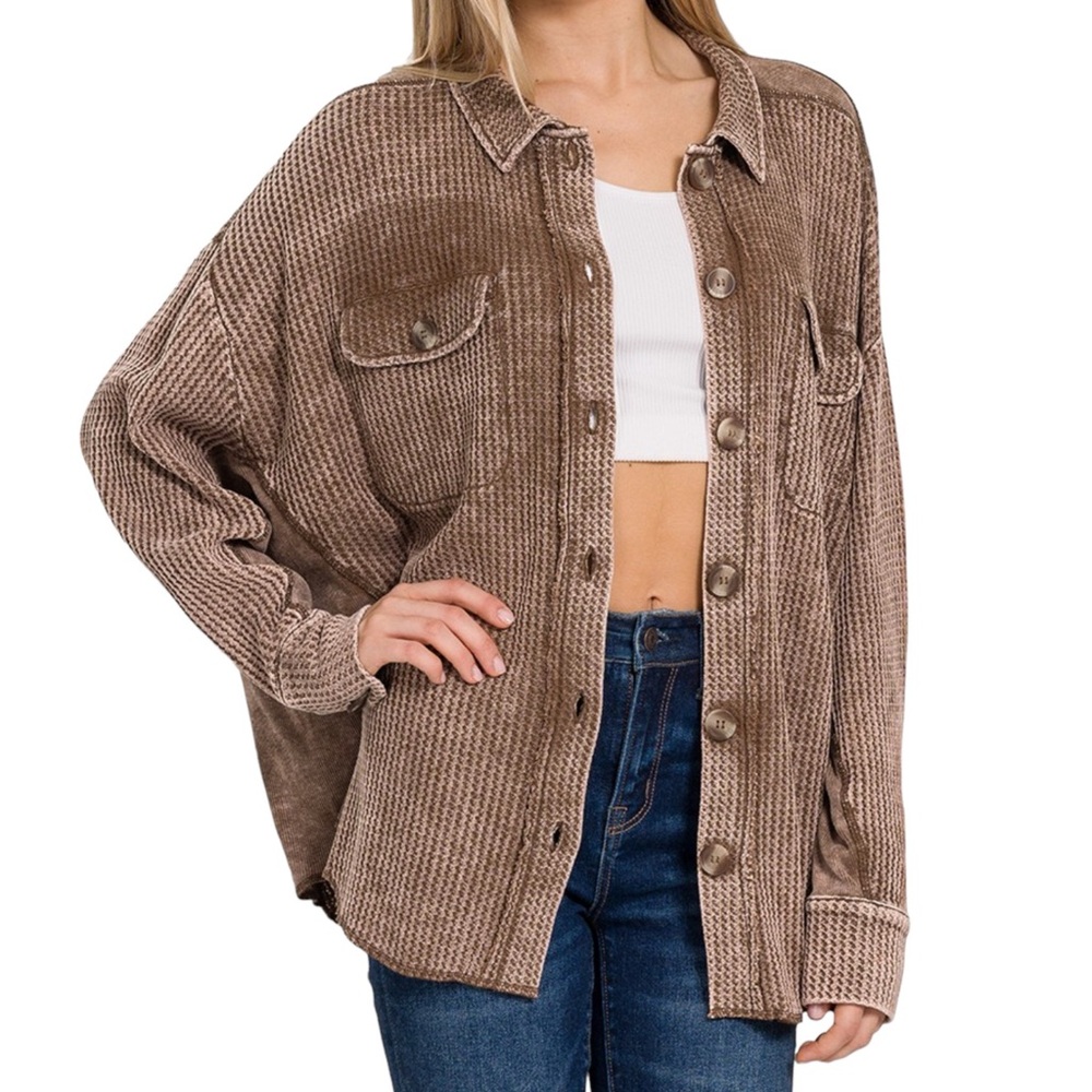 WOMENS COTTON WAFFLE
SHACKET - ACID WASH - CAMEL NWT